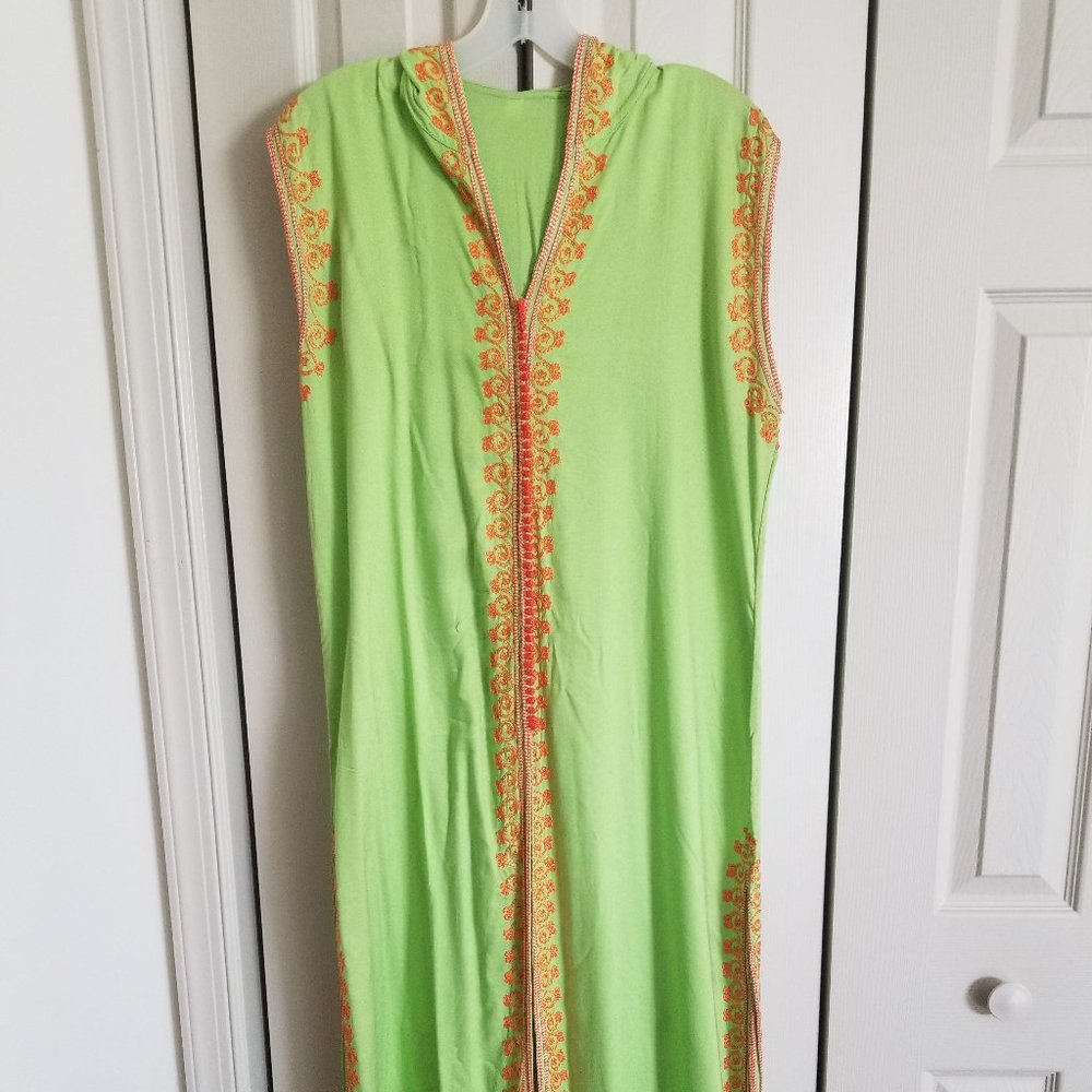 New Moroccan Long Hooded EMBROIDERED Kaftan Djellaba Bright Green Sleeveless